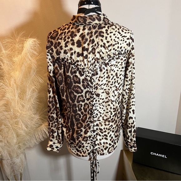 Leopard Animal Print Button Down Shirt Lace Up Back - Picture 2 of 10